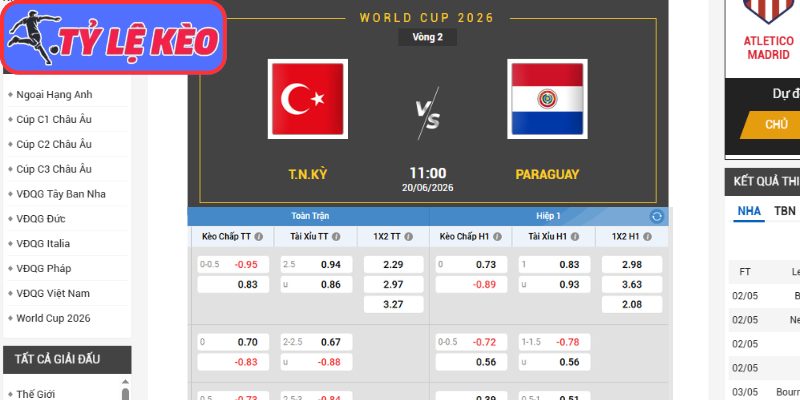 Kèo châu Á trận Thổ Nhĩ Kỳ vs Paraguay (10:00 20/06/2026, Bảng D - World Cup)